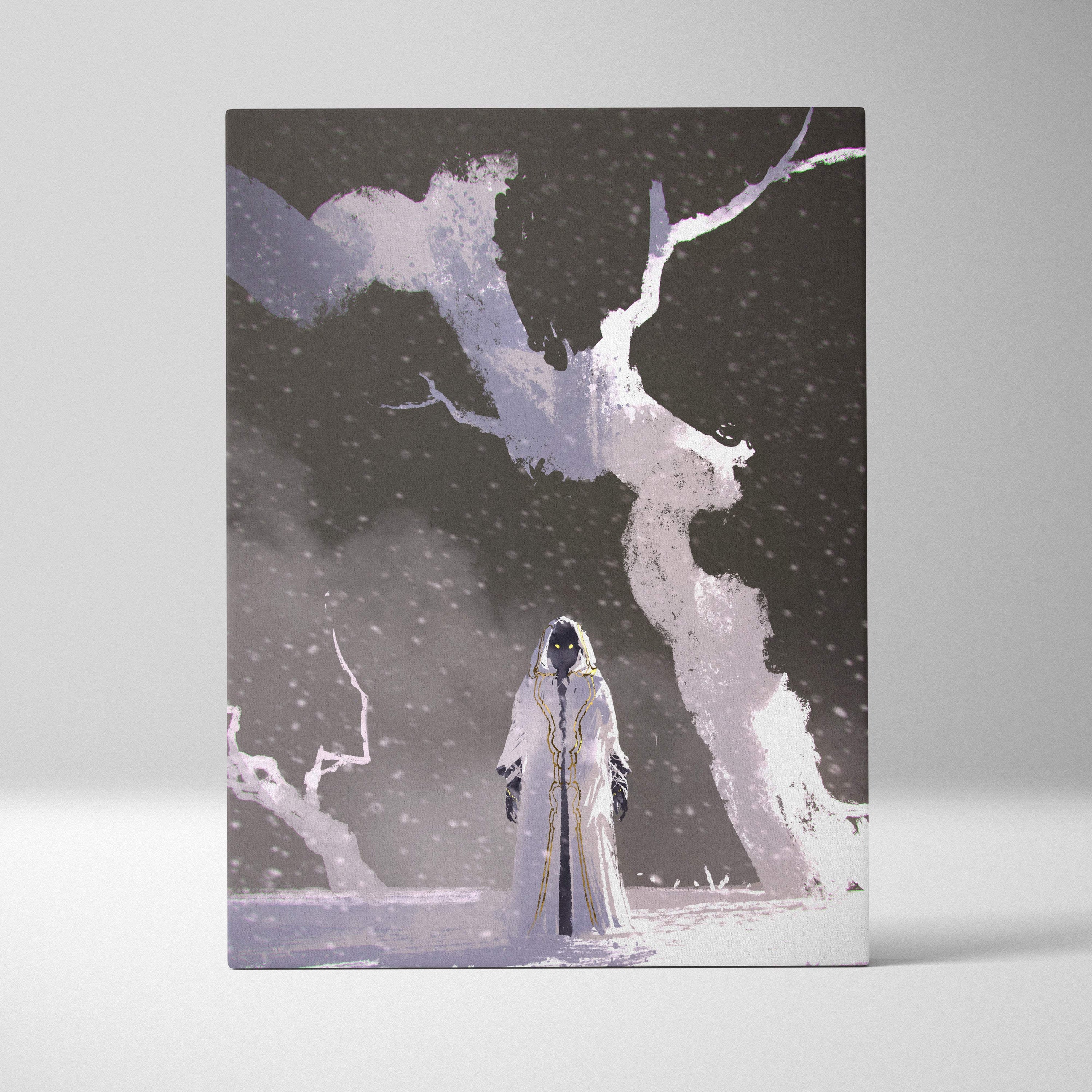 Frozen void guardian rectangular canvas print of a dark fantasy hooded figure in white and black snowy landscape wall decor