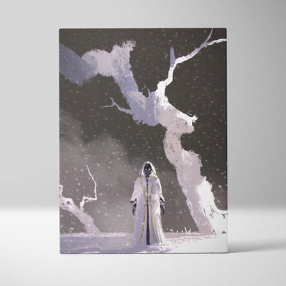 Frozen void guardian rectangular canvas print of a dark fantasy hooded figure in white and black snowy landscape wall decor