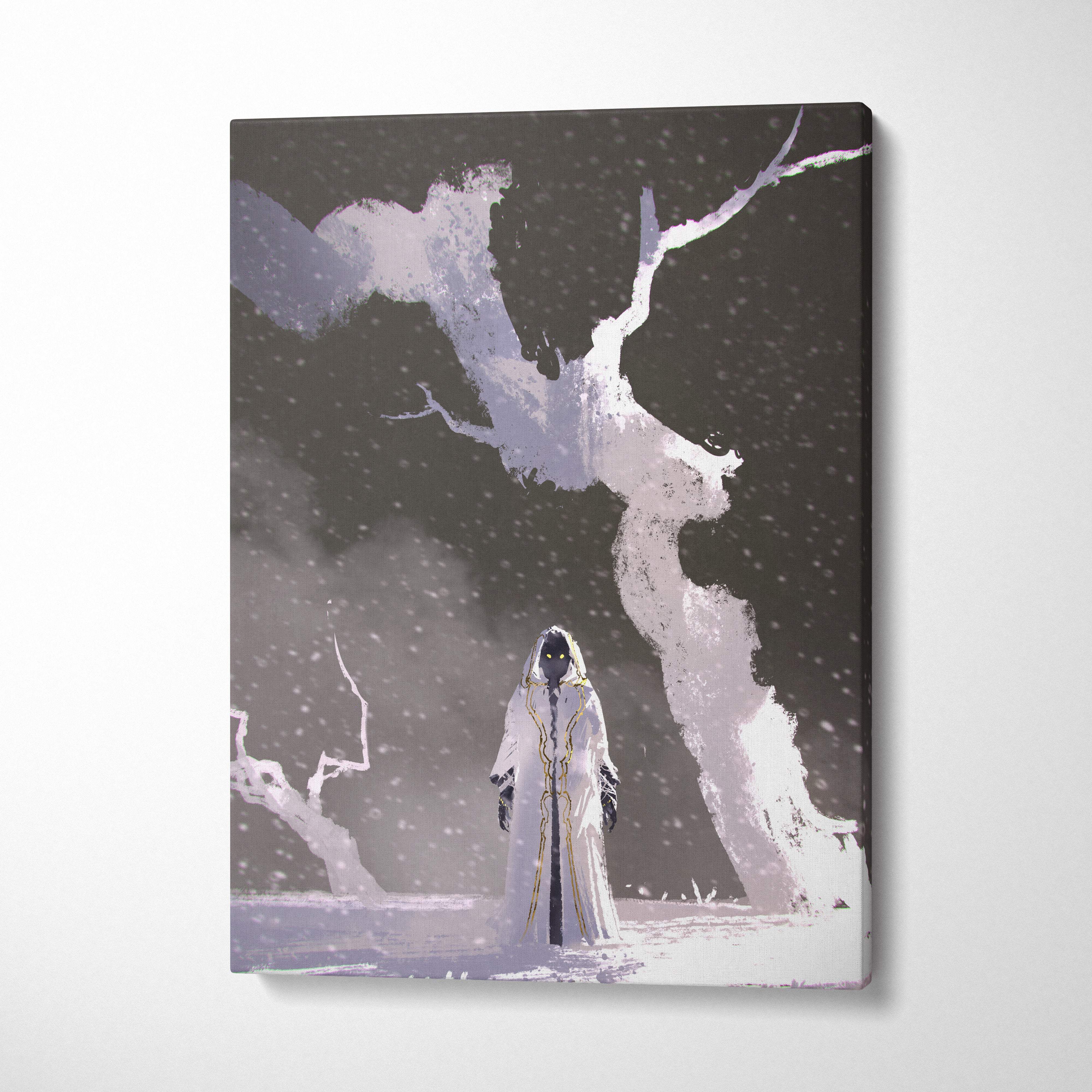 Frozen void guardian canvas art featuring a white robe figure with gold trim under snow-covered trees on dark snowy backdrop