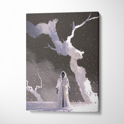 Frozen void guardian canvas art featuring a white robe figure with gold trim under snow-covered trees on dark snowy backdrop