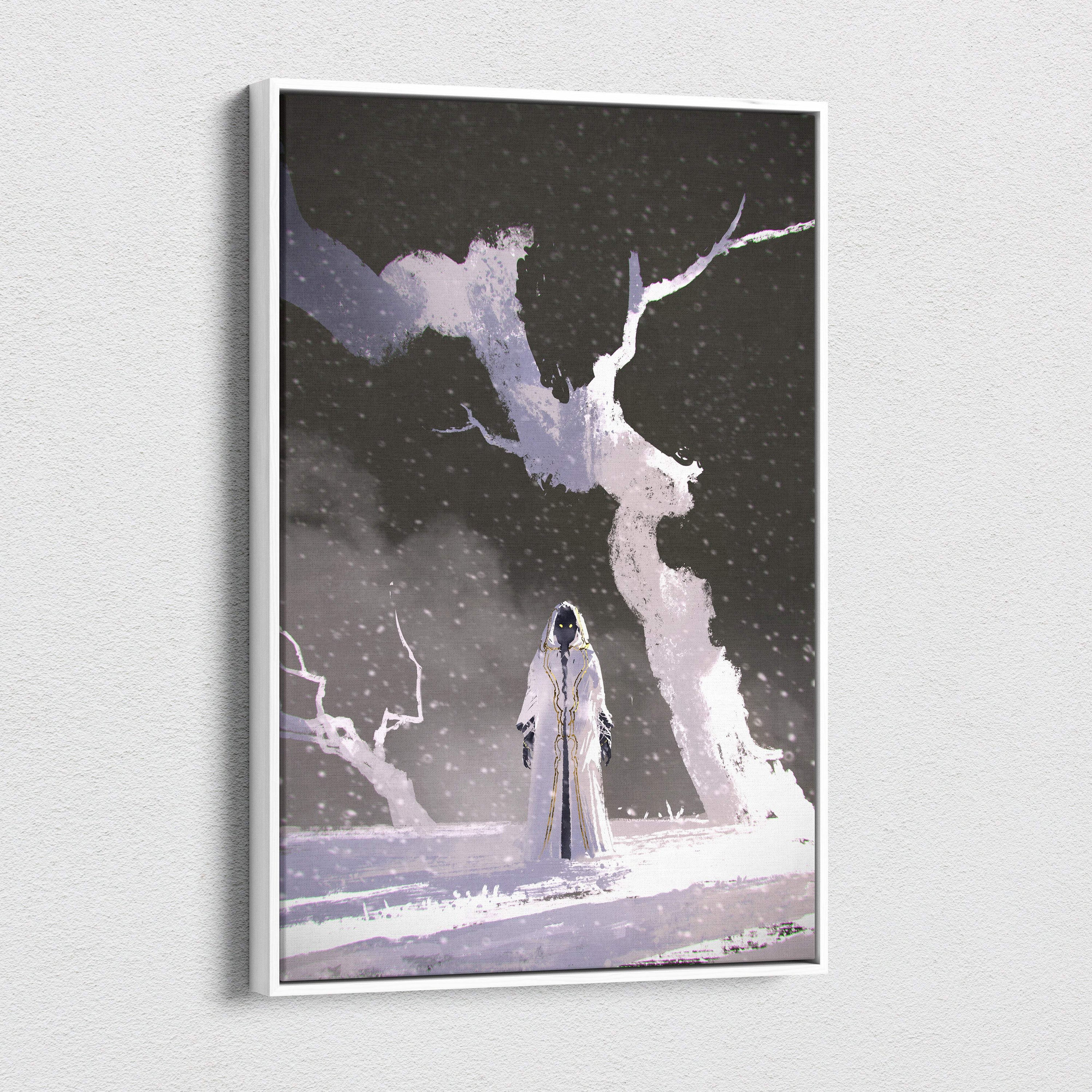 Framed canvas print of a dark fantasy hooded figure in a white robe under a snow-covered tree in a snowy black landscape