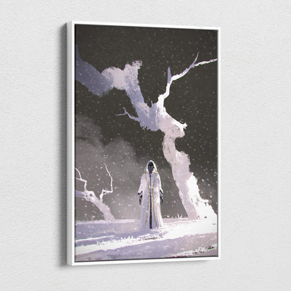 Framed canvas print of a dark fantasy hooded figure in a white robe under a snow-covered tree in a snowy black landscape