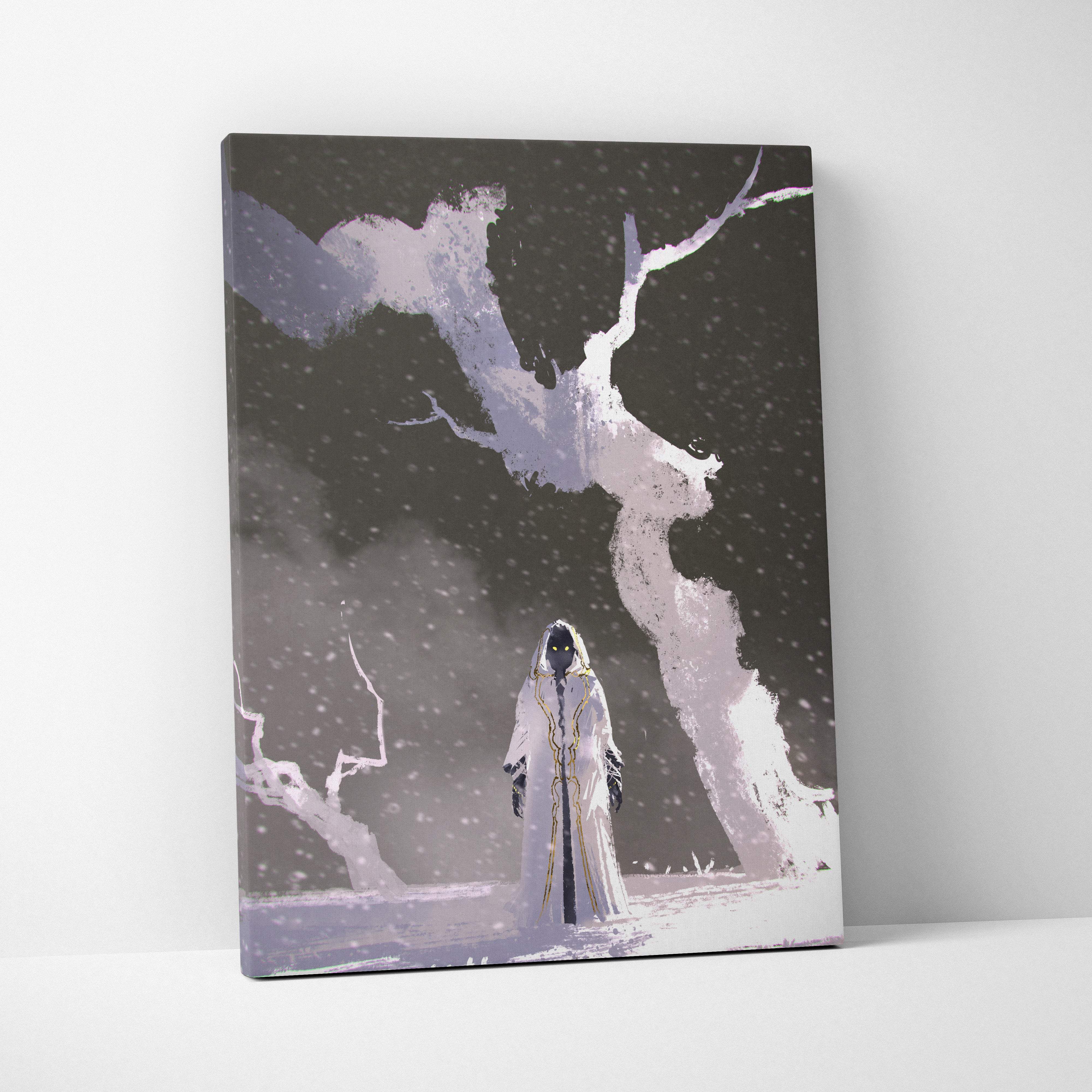 A canvas print of a white-robed dark fantasy hooded figure under snow-dusted trees in a black and white landscape