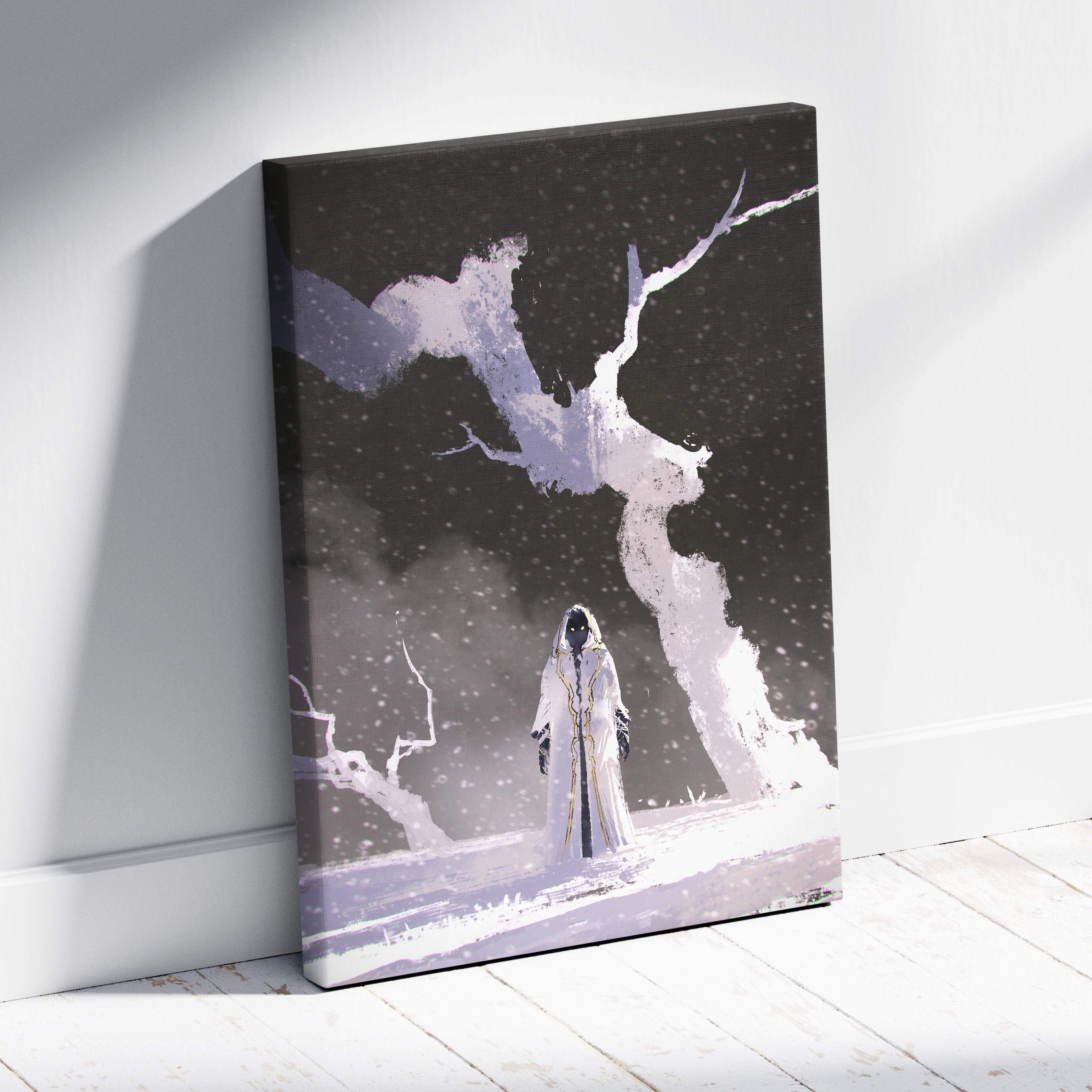 Minimalist black-framed canvas art of a white-robed figure beneath snow-covered branches against a dark sky