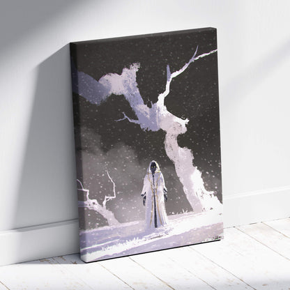 Minimalist black-framed canvas art of a white-robed figure beneath snow-covered branches against a dark sky