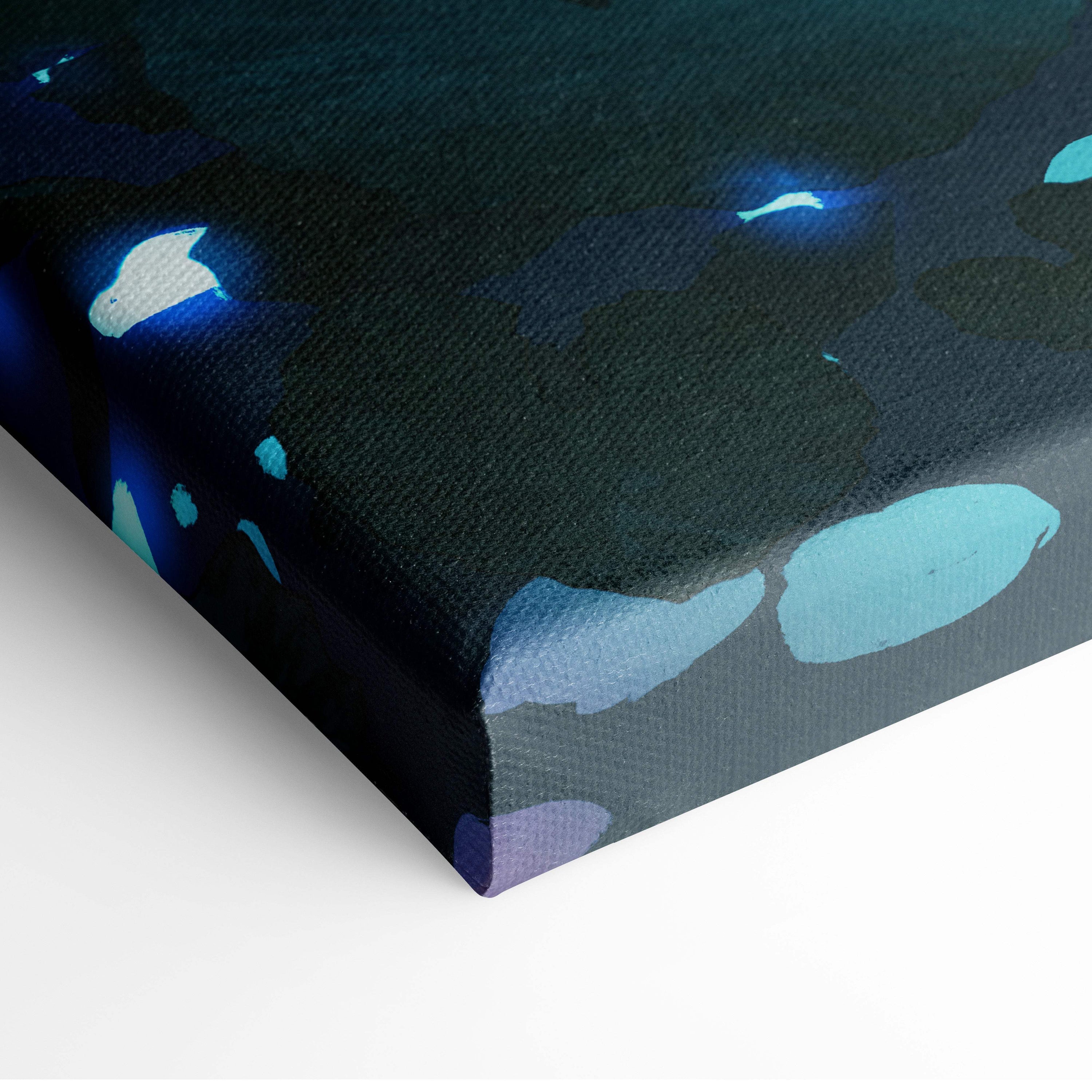 Magical jungle adventure canvas wall art featuring abstract blue and teal splatters on a dark background