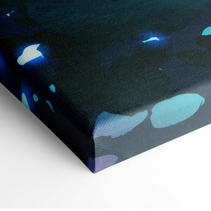 Magical jungle adventure canvas wall art featuring abstract blue and teal splatters on a dark background
