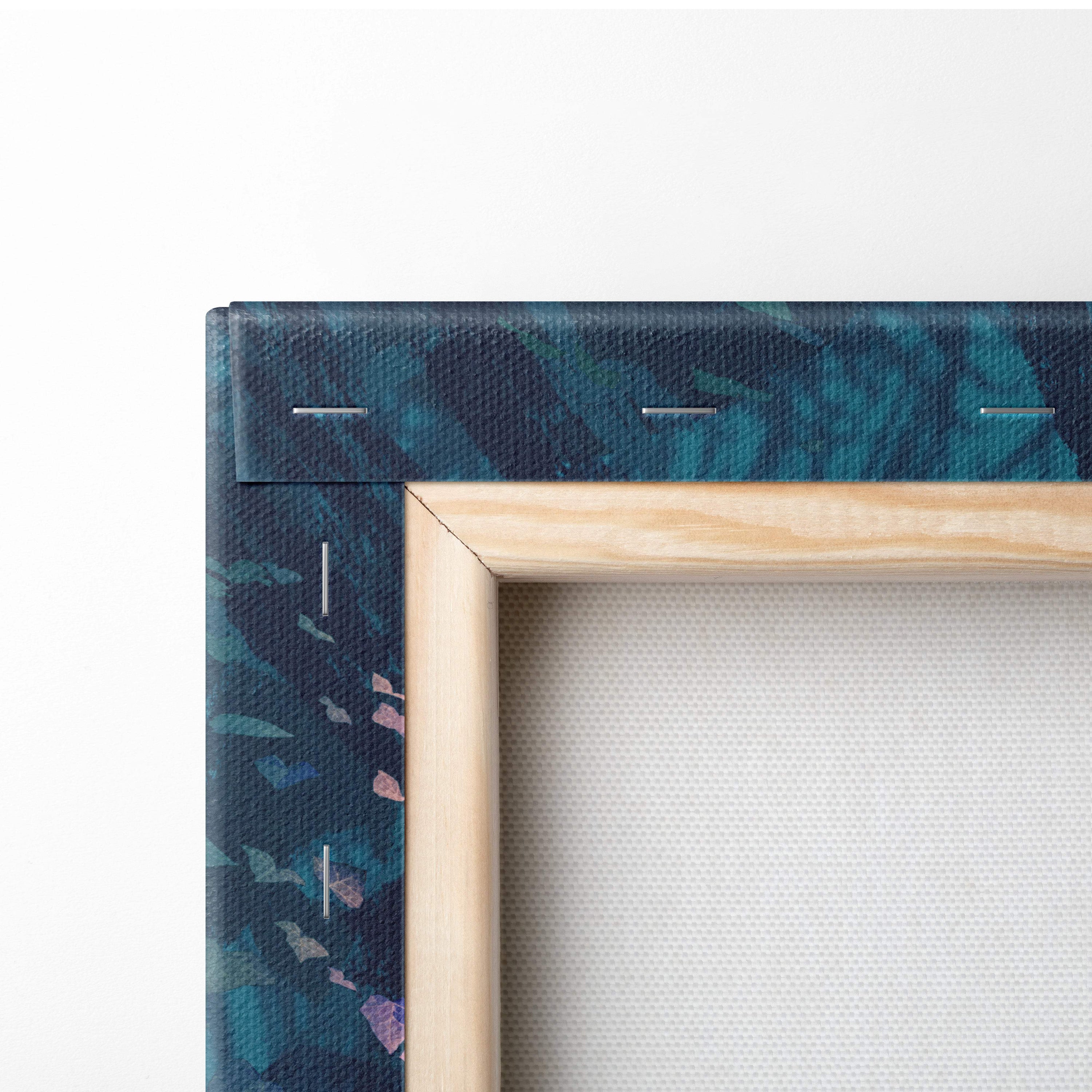 Framed canvas print with dark teal and purple abstract leaf pattern in light wood frame for magical jungle adventure decor