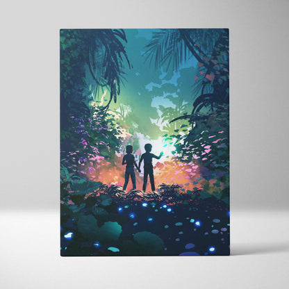 Rectangular canvas wall art featuring silhouetted children exploring a glowing jungle with bioluminescent foliage