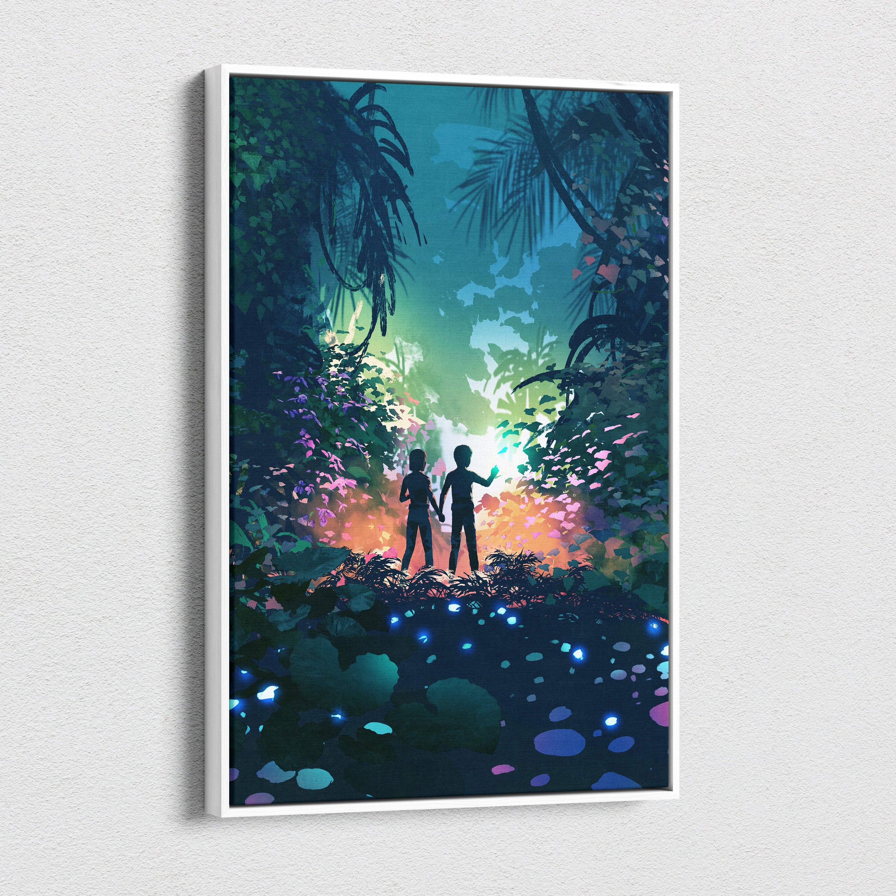 A framed digital art print of two silhouetted children in a glowing forest with colorful foliage and bioluminescent water
