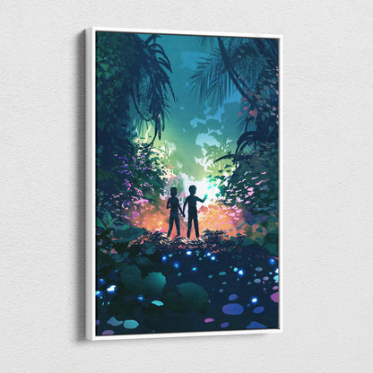 A framed digital art print of two silhouetted children in a glowing forest with colorful foliage and bioluminescent water
