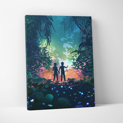A vibrant canvas wall art showing two silhouetted children exploring a glowing forest with bioluminescent flora