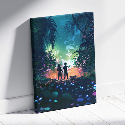 Vibrant rectangular canvas wall art featuring silhouetted children exploring a glowing jungle with bioluminescent flora