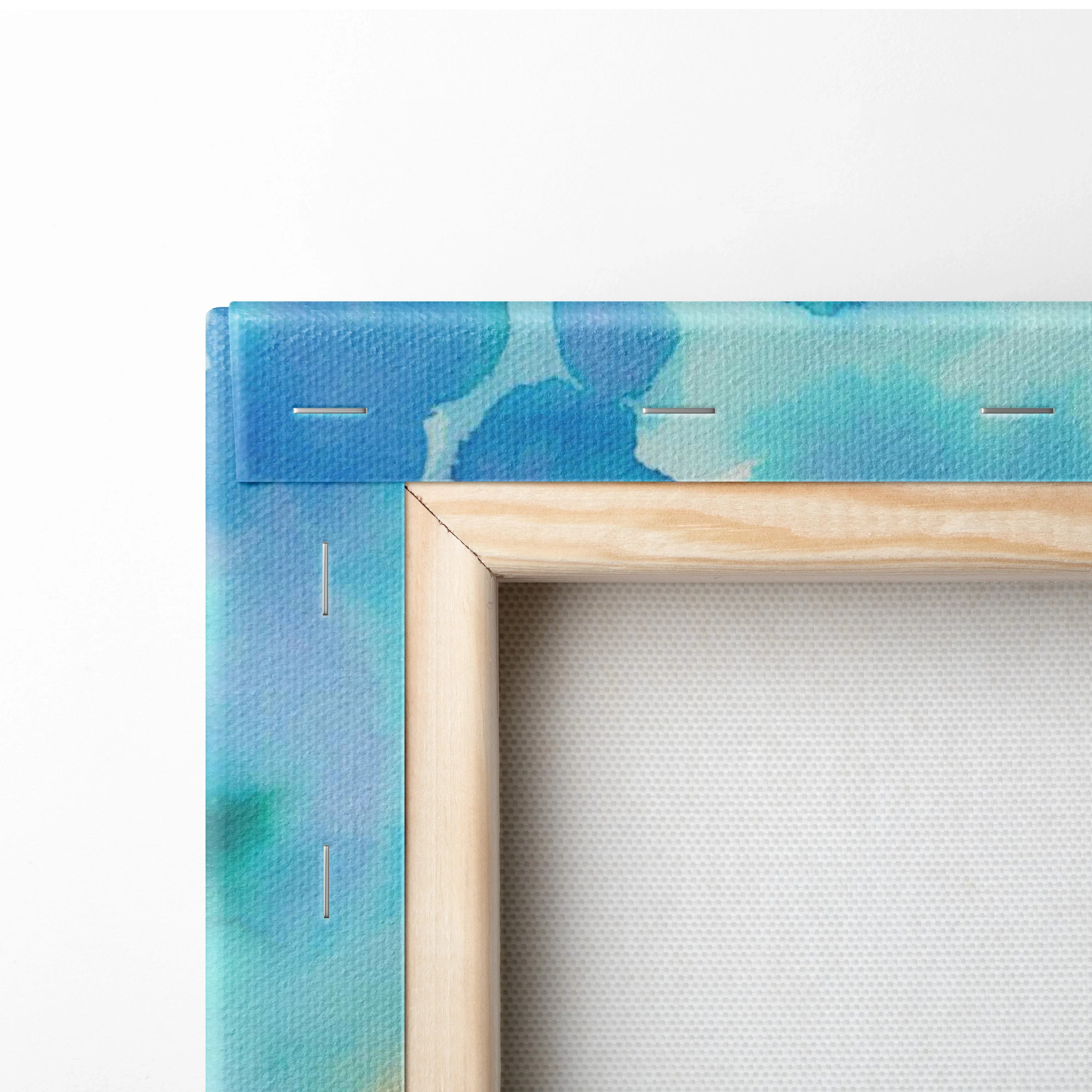 Light wood-framed canvas with teal aqua watercolor edge in beige tones