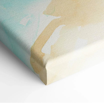 Abstract watercolor canvas art in teal aqua beige tones with soft blended textured strokes