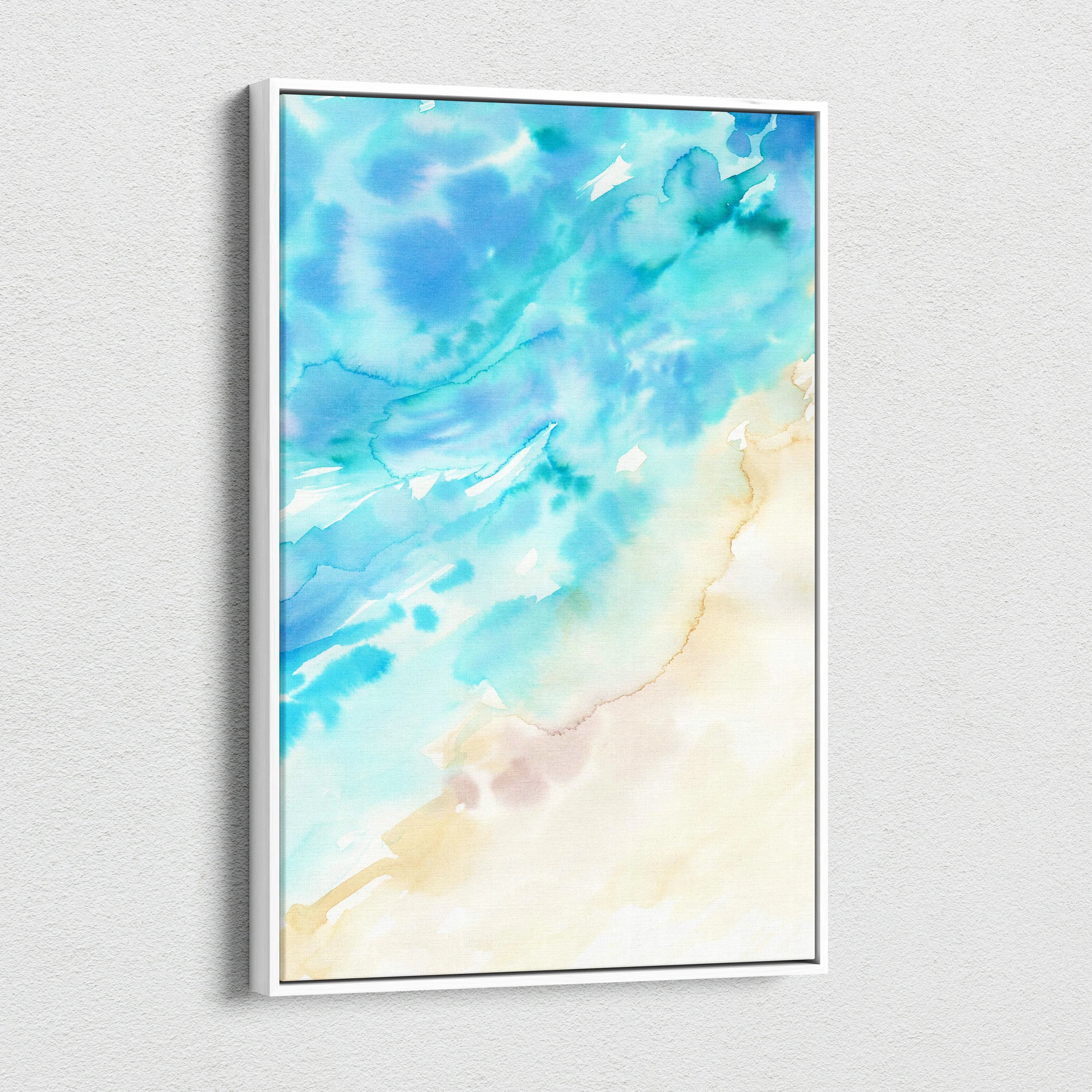 Framed abstract watercolor teal aqua coastal art in beige cream tones