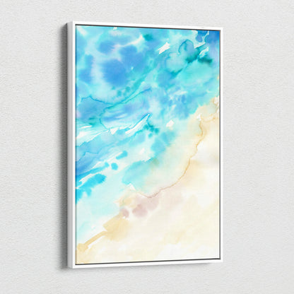 Framed abstract watercolor teal aqua coastal art in beige cream tones