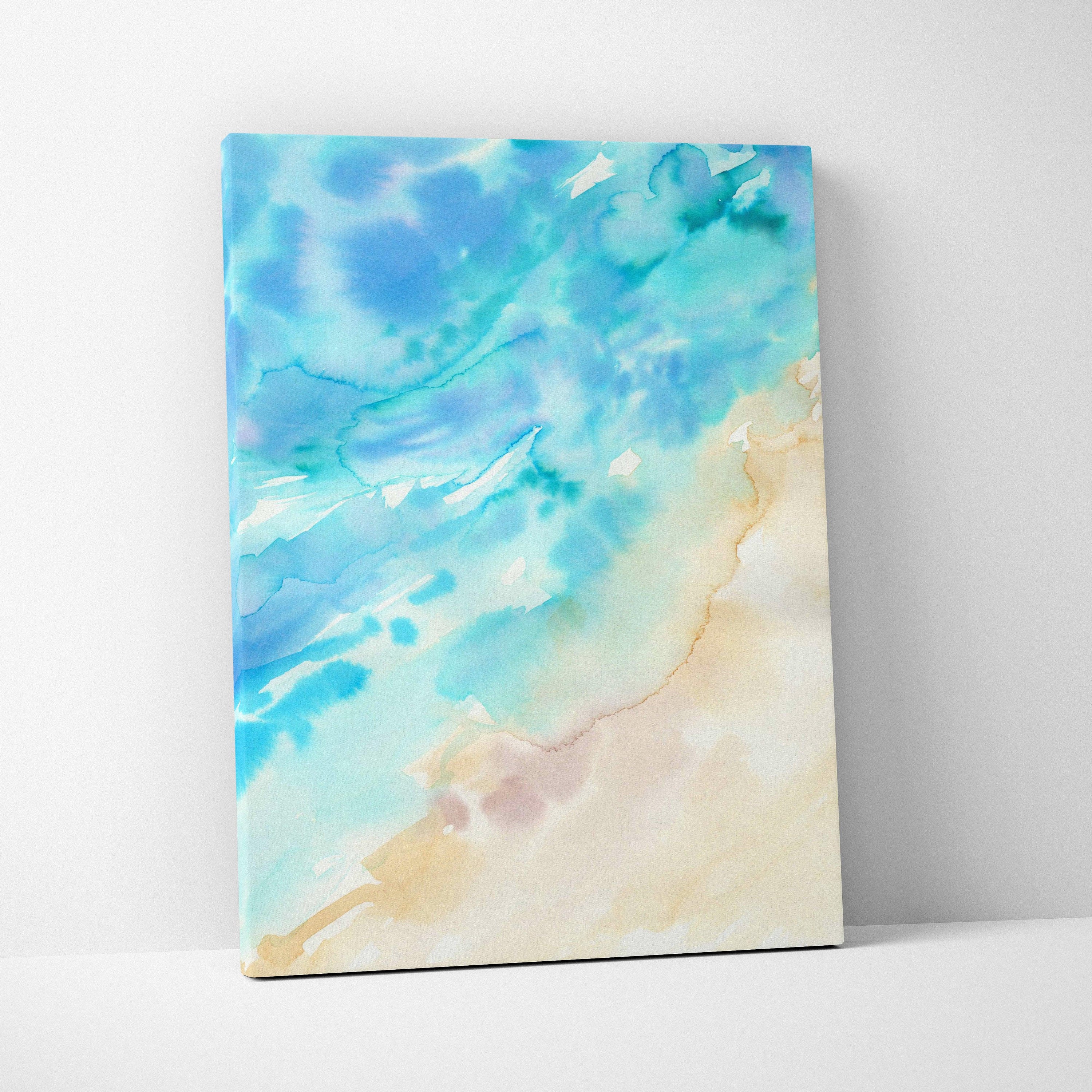Abstract watercolor canvas in teal aqua coastal beige tones