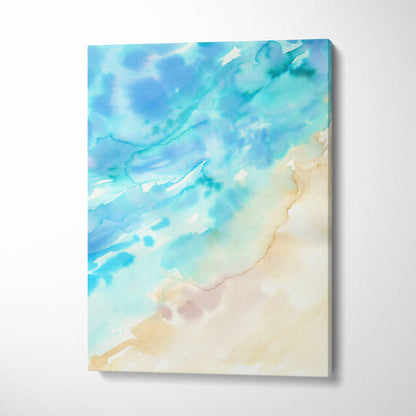 Abstract watercolor canvas wall art in teal aqua coastal mood with soft beige tones