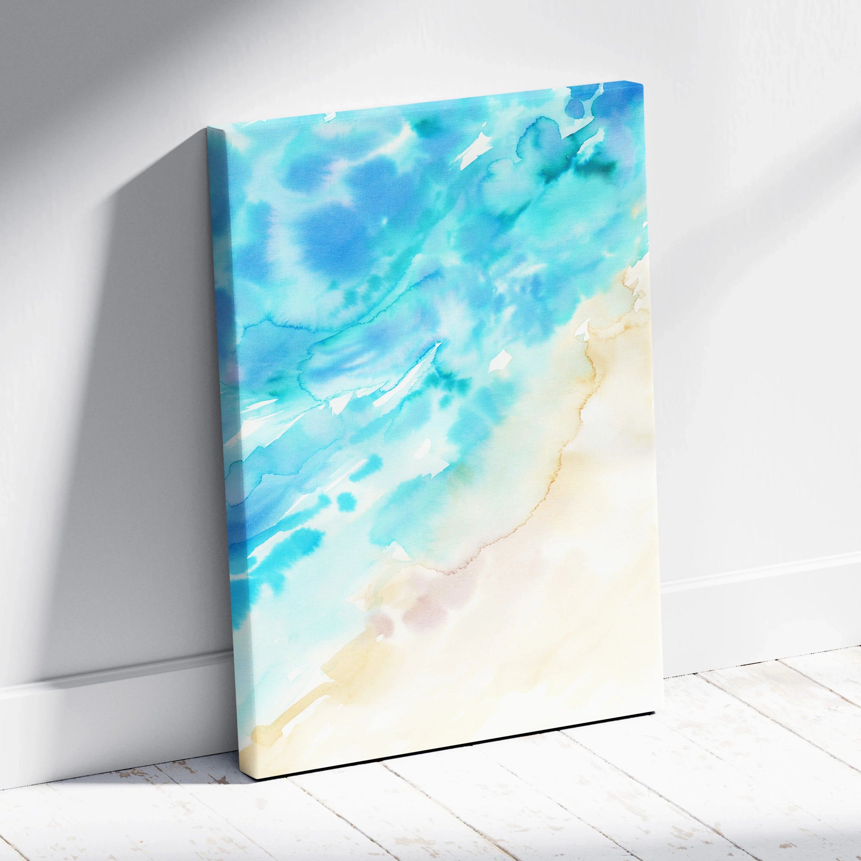 Vibrant teal aqua watercolor canvas wall art in cream beige tones