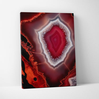 Vibrant red and black modern abstract canvas wall art with layered geode pattern and white accents.