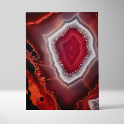 Vibrant red and black abstract canvas wall art with crystal-like central design and glowing edges.