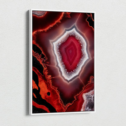 Vibrant red and black abstract geode pattern on vertical canvas wall art print.