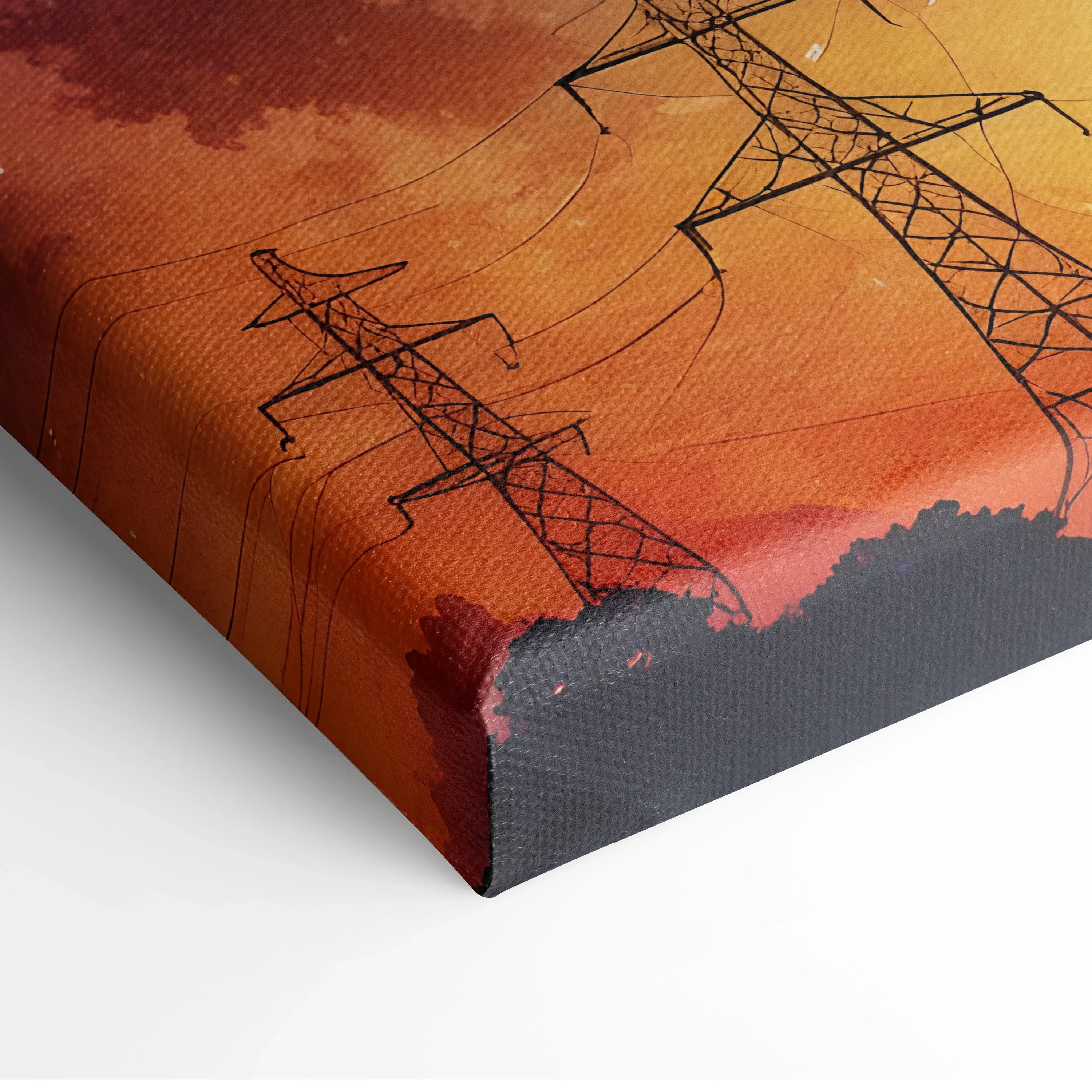 Watercolor canvas wall art featuring orange and red sunset sky with silhouette of power lines and trees.