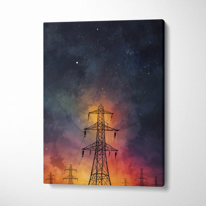 Watercolor night sky canvas wall art featuring silhouetted power lines against a glowing sunset and starry sky.