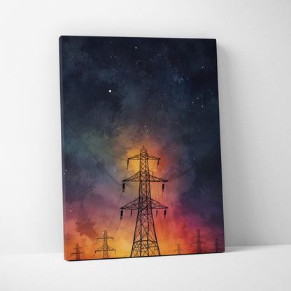 Vertical canvas wall art featuring watercolor night sky with silhouetted power towers at sunset.