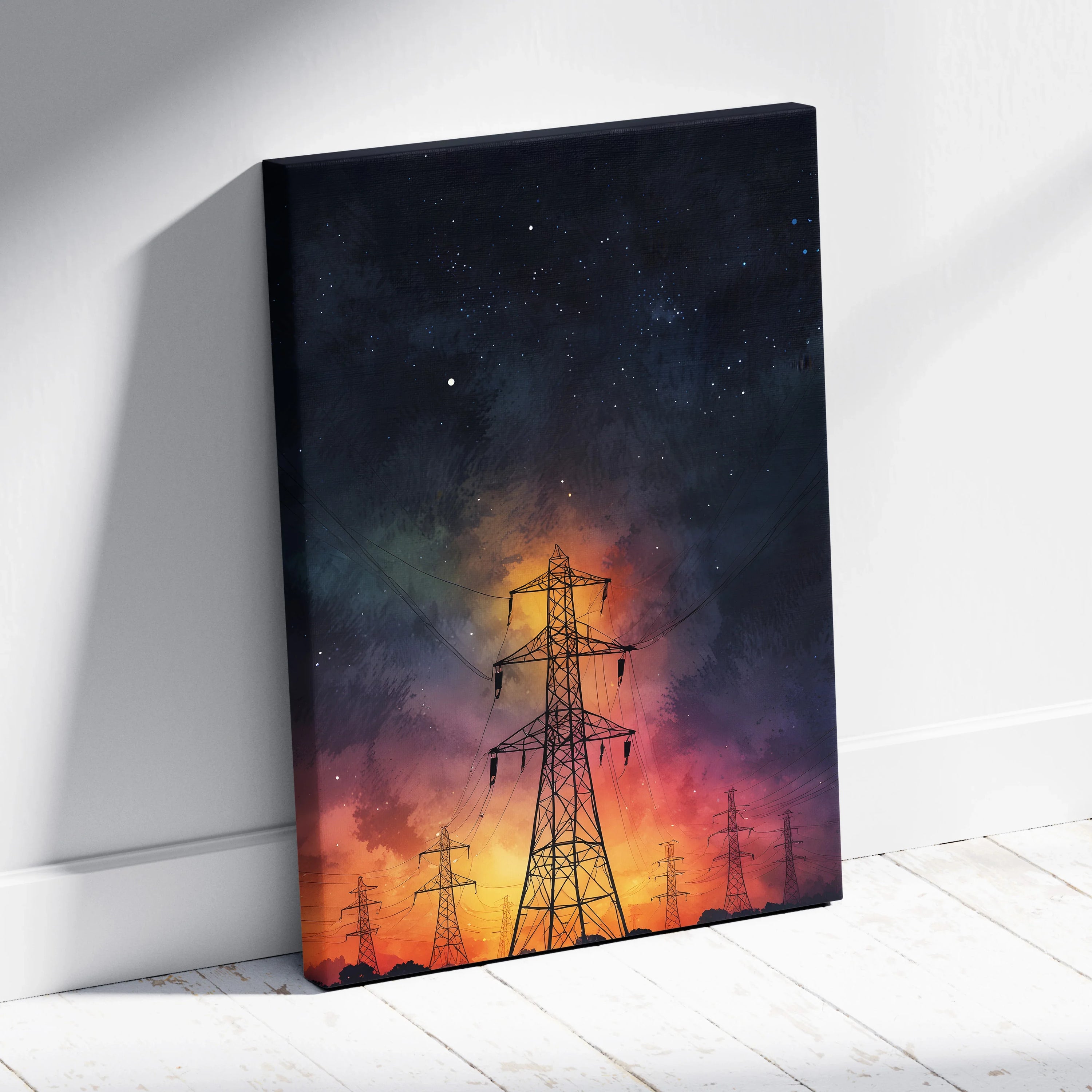 Watercolor night sky canvas wall art with silhouetted power lines and glowing orange horizon.