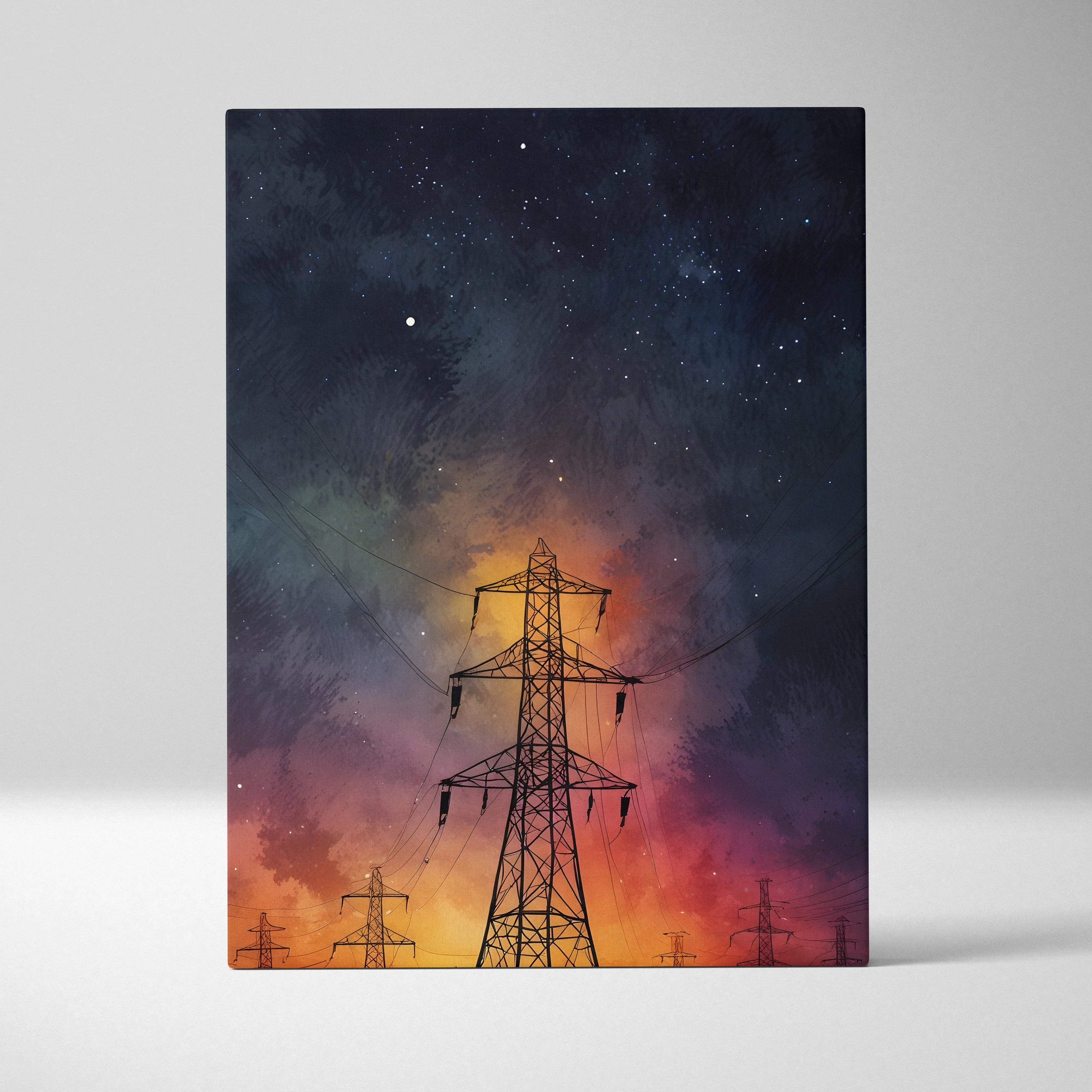 Stylized canvas print of an electricity pylon silhouette against a vibrant watercolor sunset glow starry sky