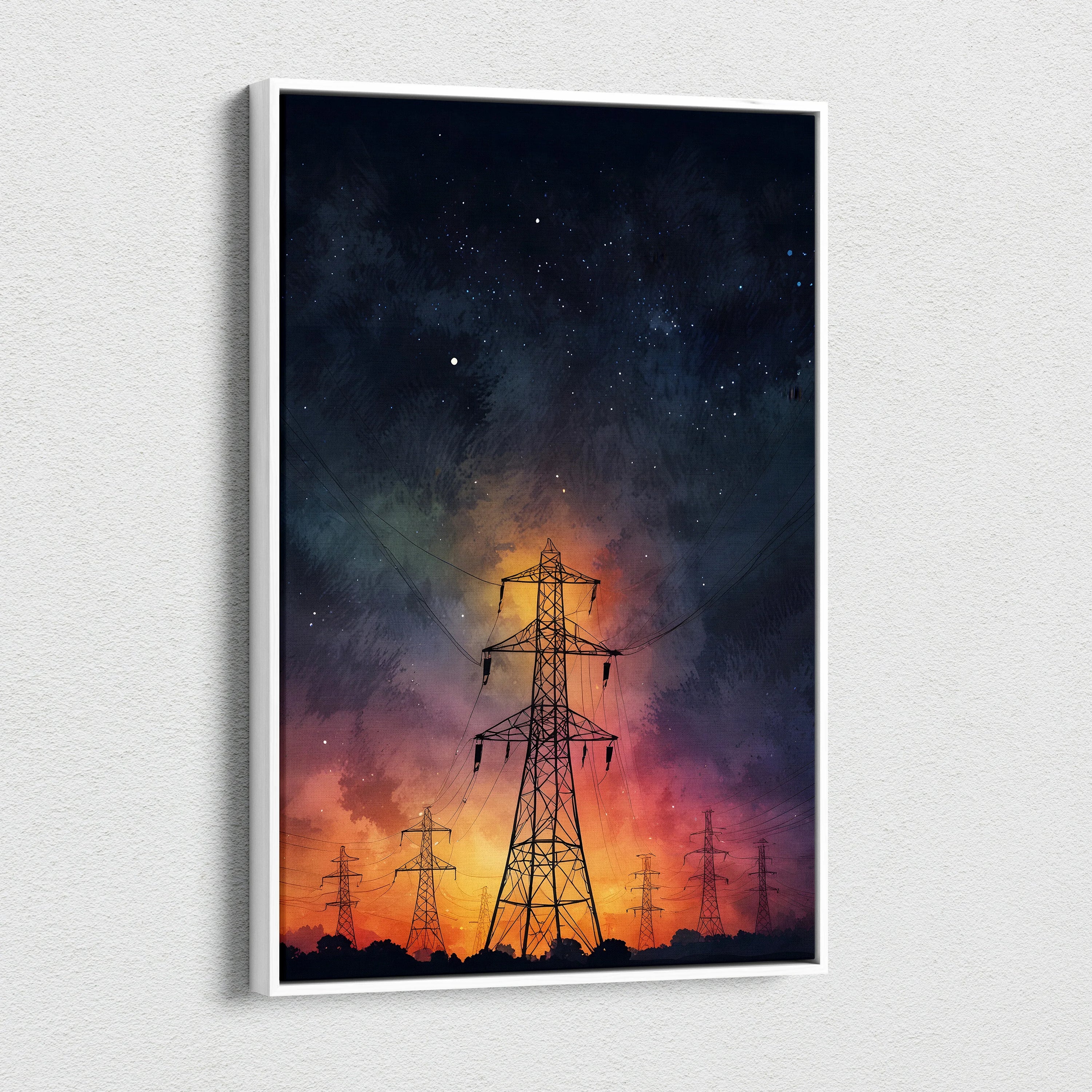 Vertical canvas wall art featuring watercolor night sky with silhouetted power lines and glowing sunset hues.