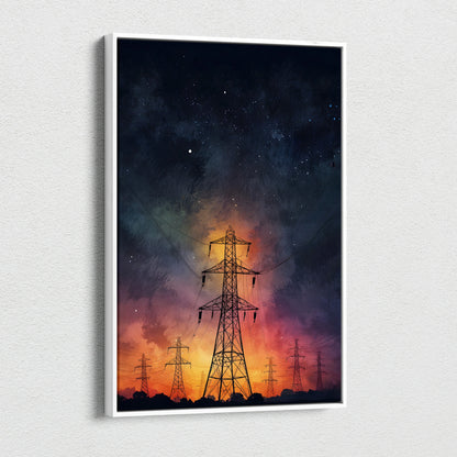 Vertical canvas wall art featuring watercolor night sky with silhouetted power lines and glowing sunset hues.