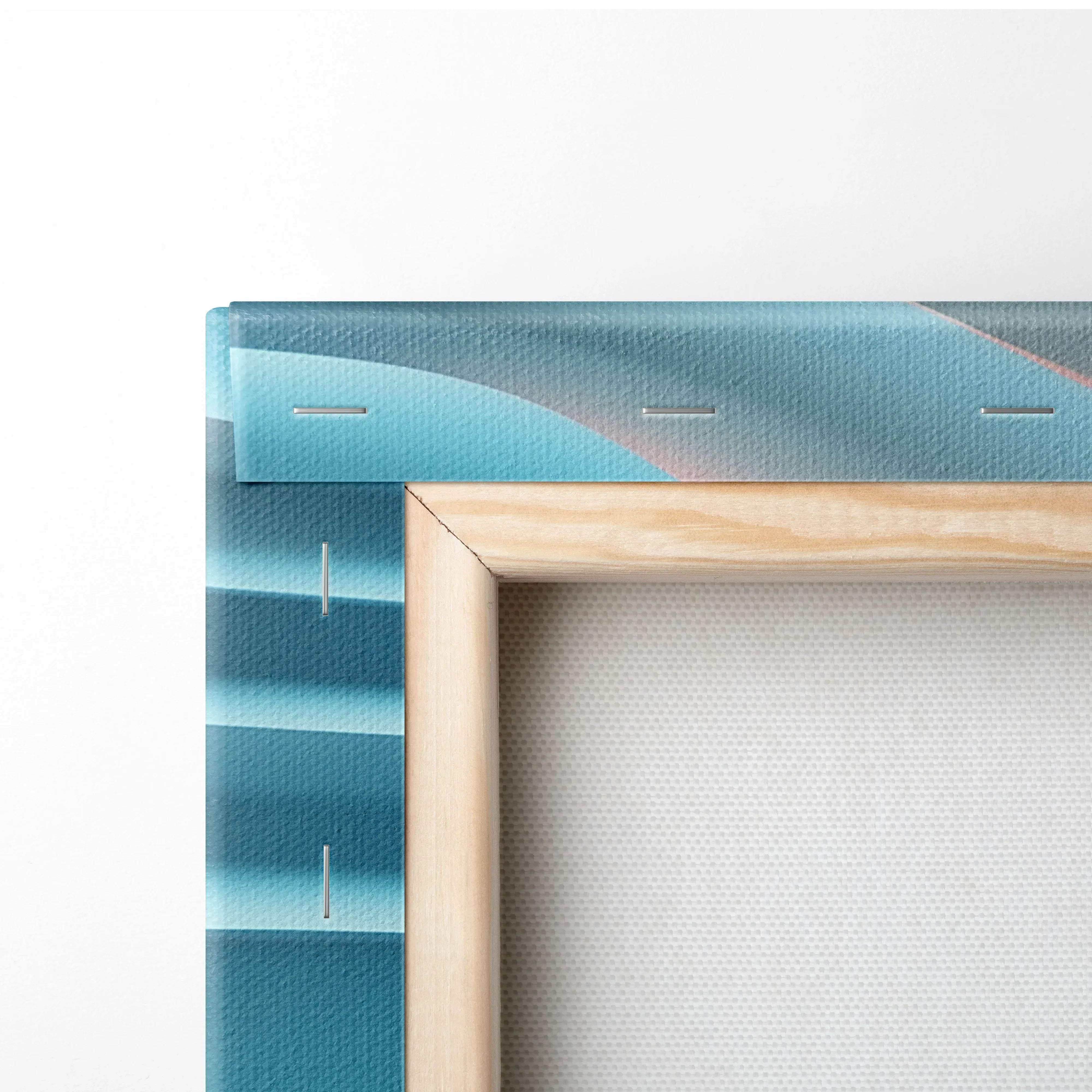 Light wood-framed canvas wall art with textured teal and white abstract design in vibrant orange to blue gradient print