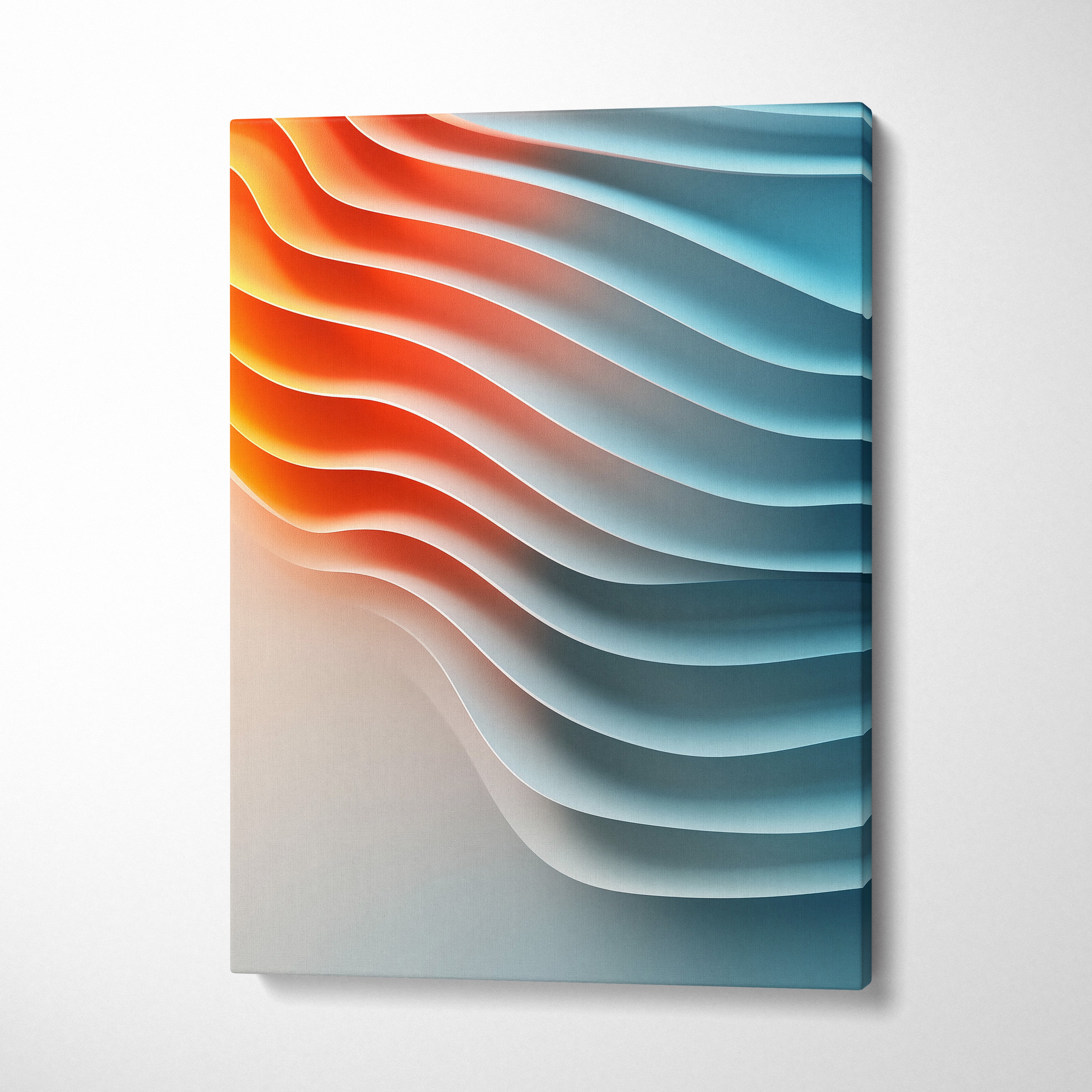 Abstract geometric canvas wall art with flowing wave patterns in vibrant orange and teal tones.