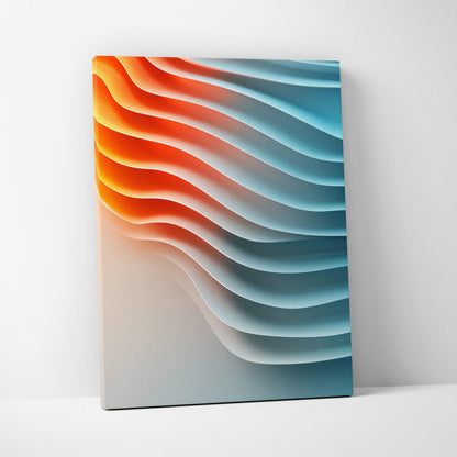 Canvas wall art featuring vibrant abstract geometric waves in orange and blue tones with smooth gradient layers.
