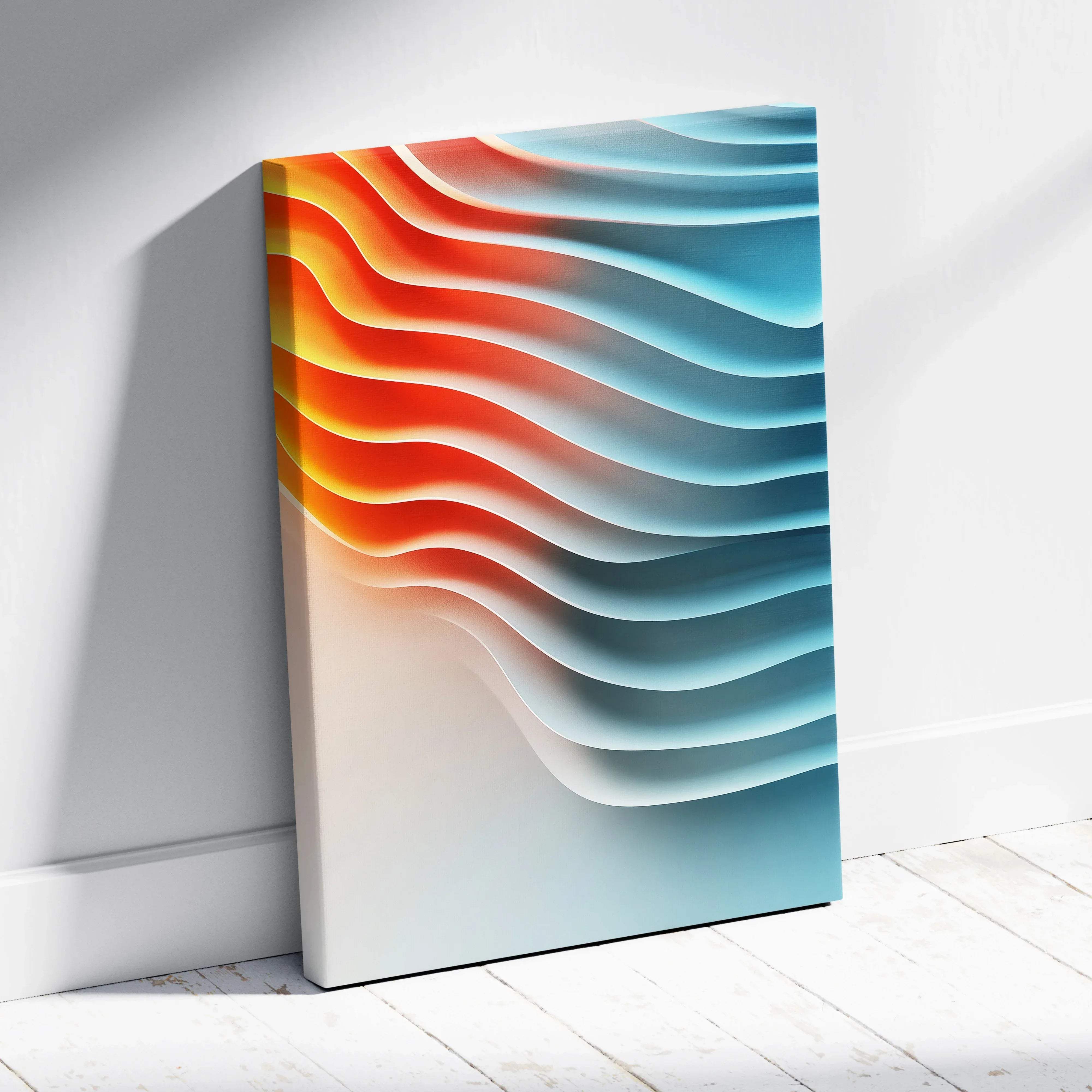 A modern canvas wall art with layered wavy stripes transitioning from vibrant orange to cool blue tones