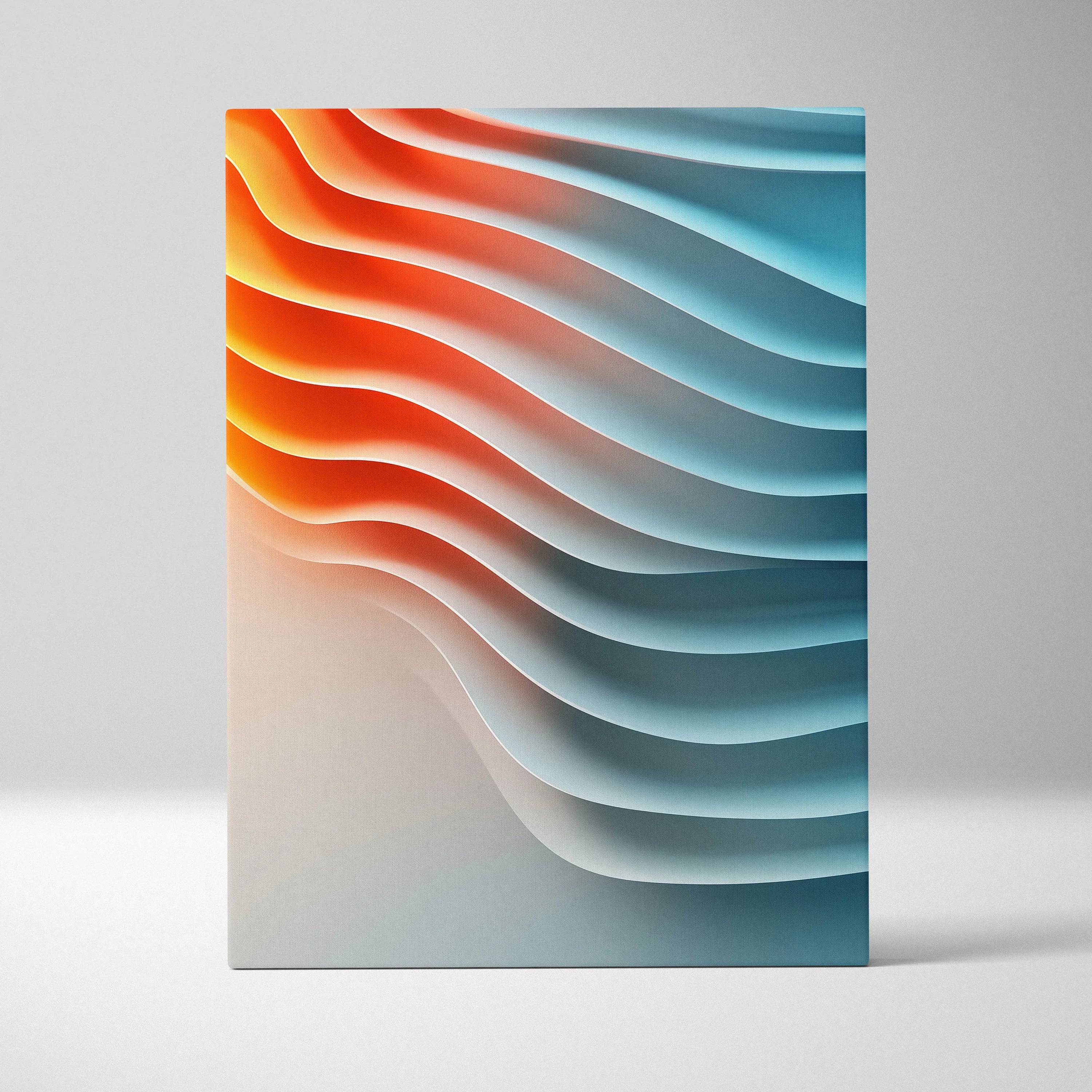 Abstract geometric canvas wall art with flowing layered waves in vibrant orange and cool blue tones.