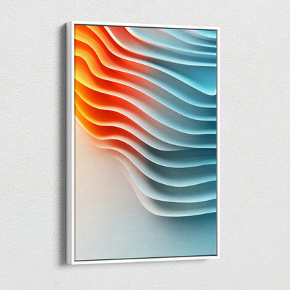 Vertical canvas wall art with vibrant orange and blue abstract geometric wave patterns.