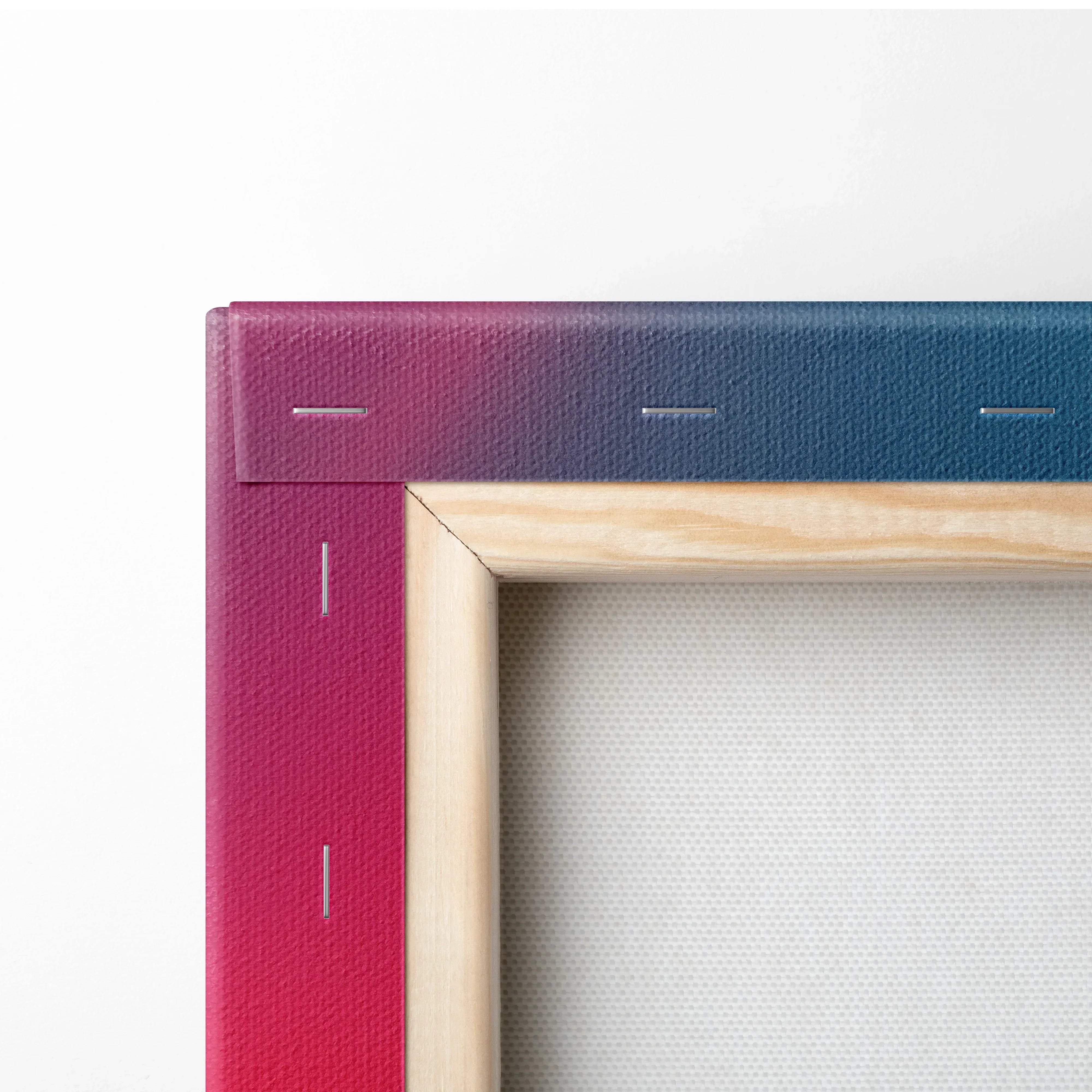 Modern abstract canvas wall art with neon ribbons arcing over a magenta to deep blue gradient in a light wood frame