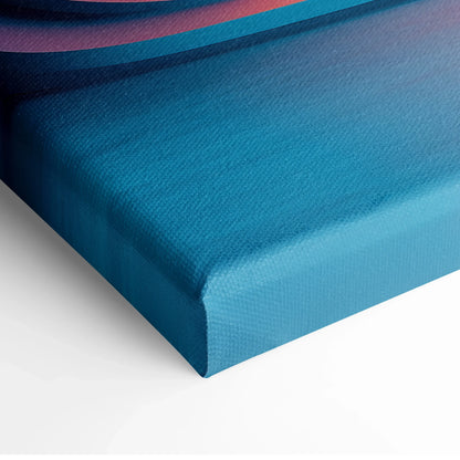 Blue and purple modern abstract design on stretched canvas wall art corner close-up.