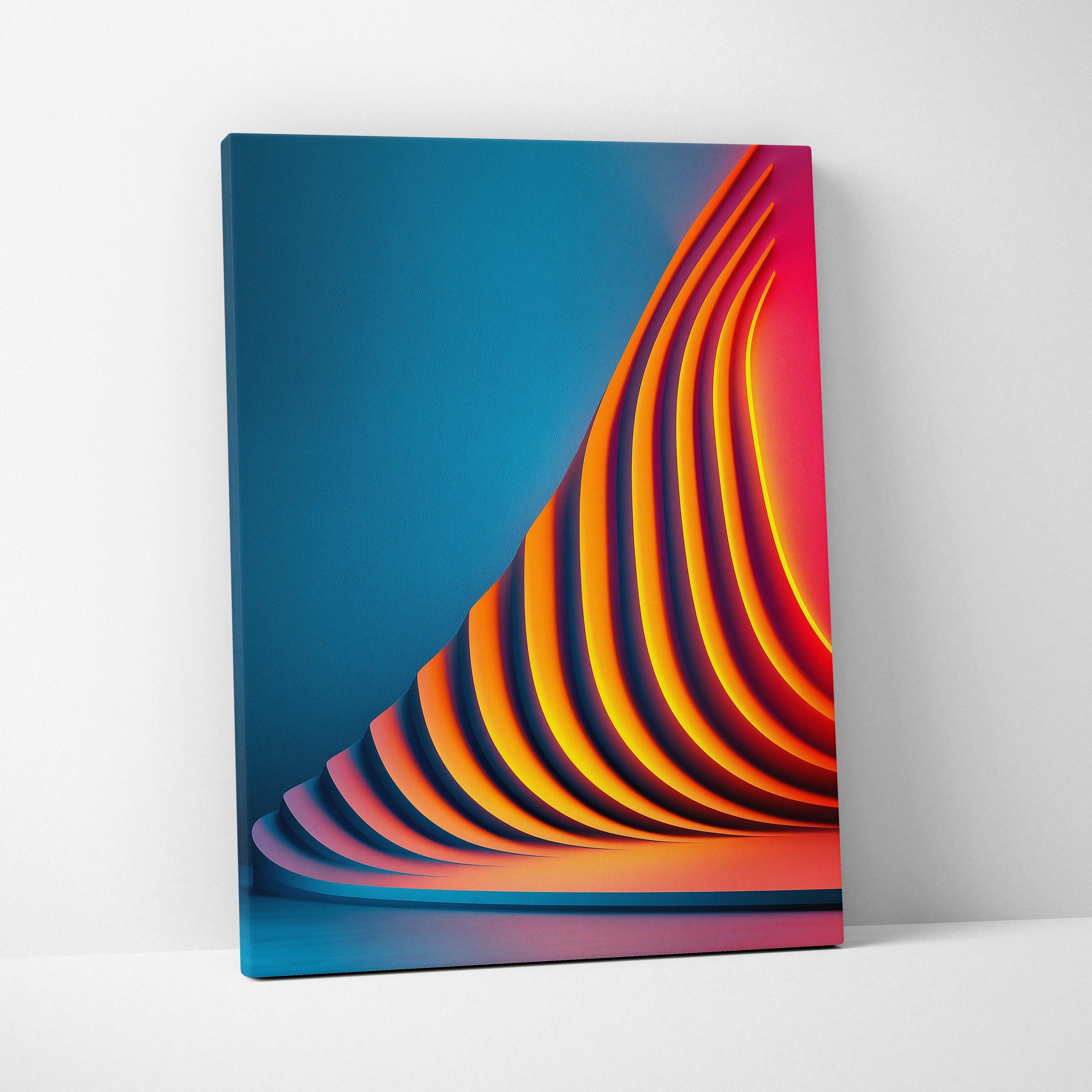 Vibrant abstract canvas wall art with curved orange and yellow lines on a blue background.