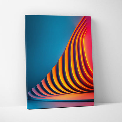 Vibrant abstract canvas wall art with curved orange and yellow lines on a blue background.