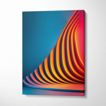 Canvas wall art featuring vibrant abstract waves in orange and yellow against a blue and pink gradient background.