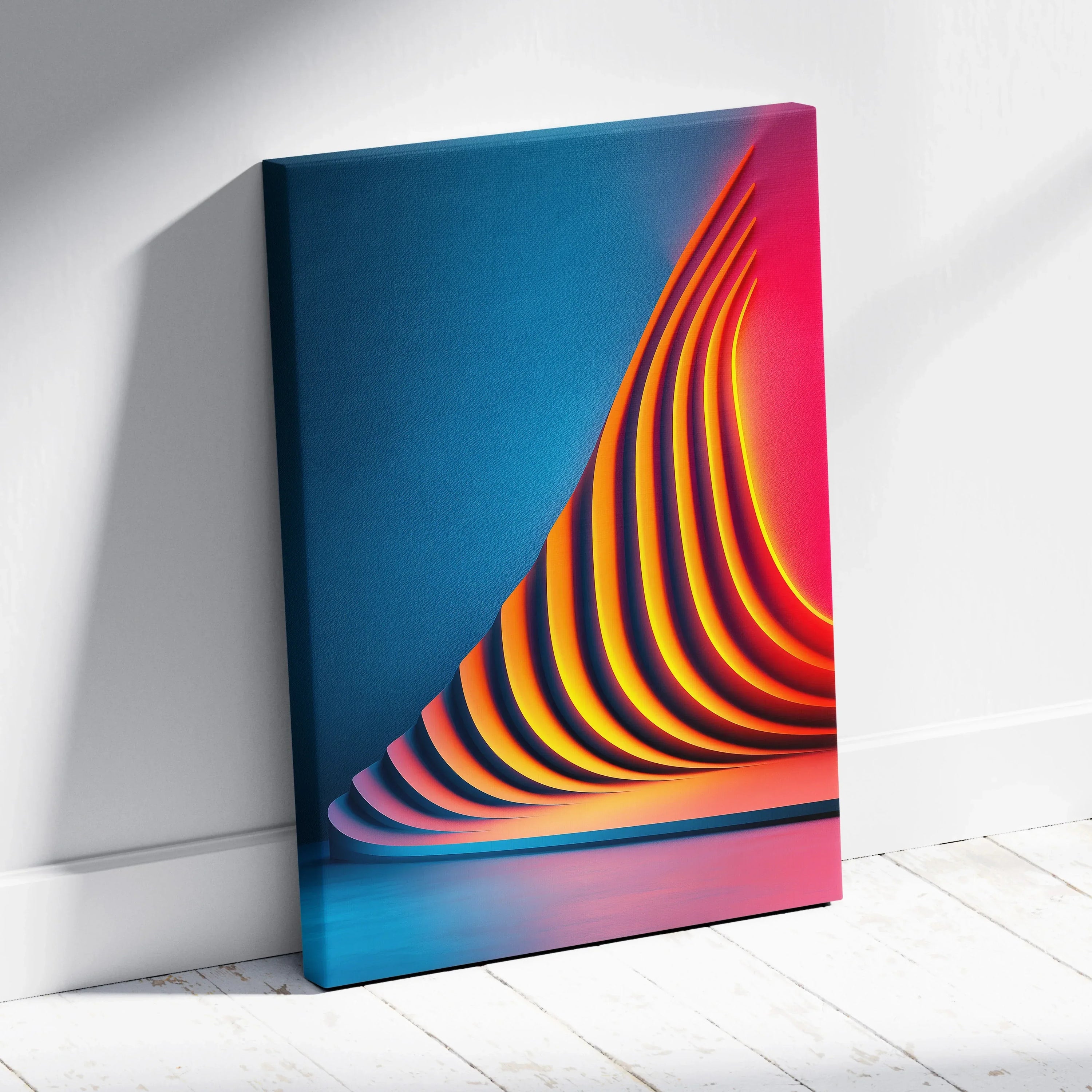 Modern vibrant abstract canvas wall art with curving yellow and orange lines against deep blue and pink background.