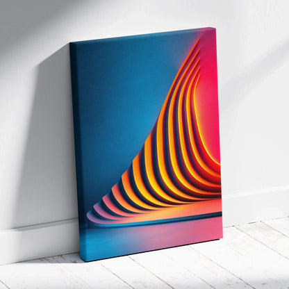 Modern vibrant abstract canvas wall art with curving yellow and orange lines against deep blue and pink background.