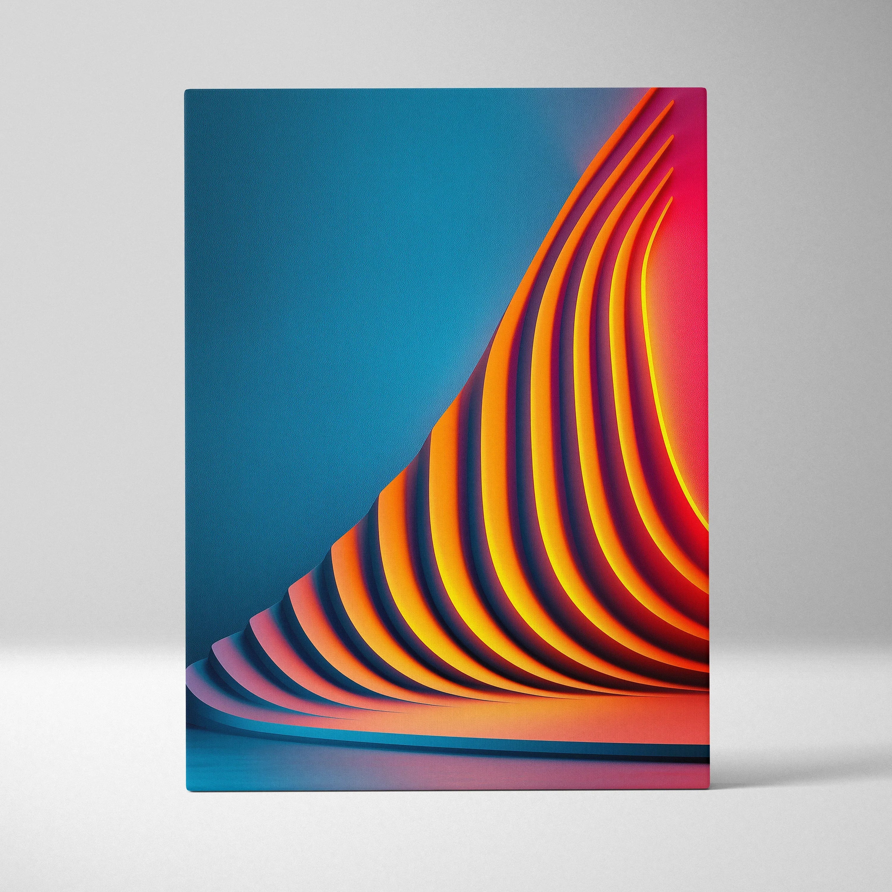 Vibrant abstract canvas wall art with curved orange and purple stripes on blue background.