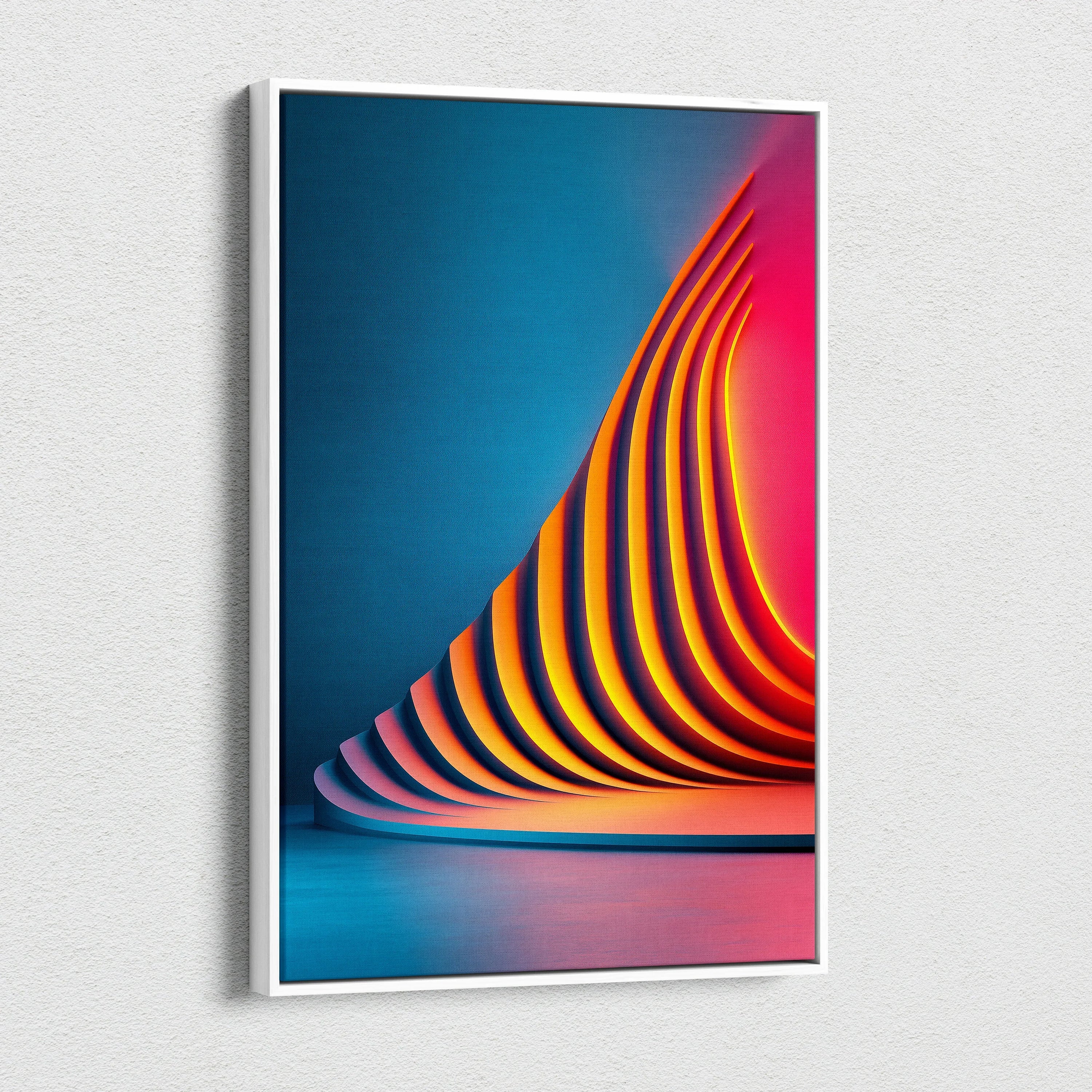 Abstract vibrant canvas wall art with curved orange and yellow stripes on blue and pink background.