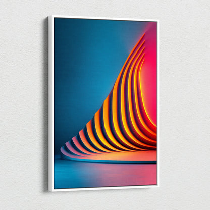 Abstract vibrant canvas wall art with curved orange and yellow stripes on blue and pink background.